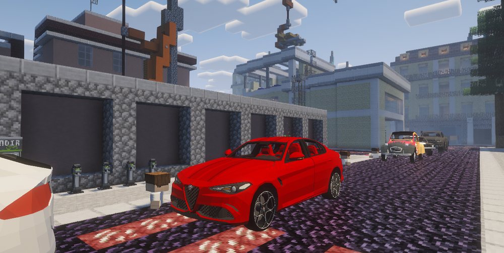 Une Alfa Romeo Giulia rouge dans une rue de Landia